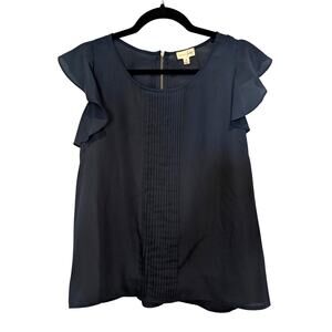 Maison Jules Flutter Sleeve Blouse Pleated Front Blue Work Office Womens M